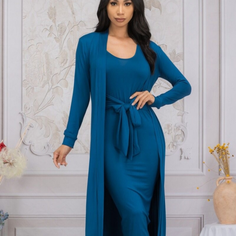 New Teal Midi Dress & Duster Cardigan